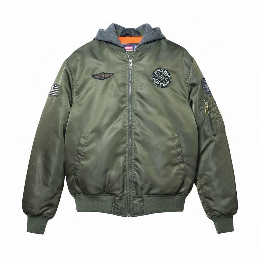 Vintage Vintage Style Flight Bomber Army Green Hooded Jacket Men's Large